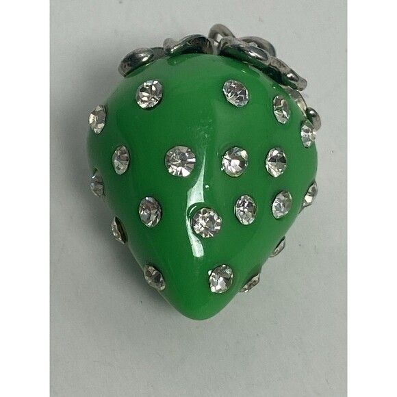 Strawberry Green Charm Rhinestones Silver Tone Metal Setting Vintage Heavy Hang - Picture 2 of 5